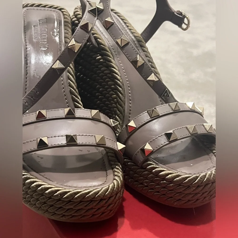 Valentino Garavani Taupe Studded Espadrille Wedge Sandals